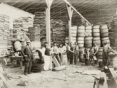 Interior of a cask factory at Zichron Yaacov with workers, c.1898-1900 by Bernard Edelstein